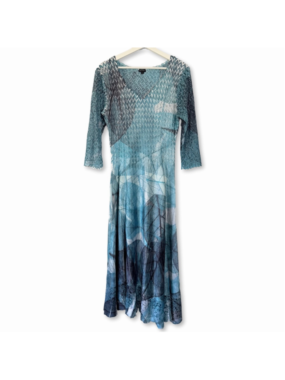 KOMAROV Blue Abstract Leaf Print Charmeuse Cocktail Midi Dress Size Large
